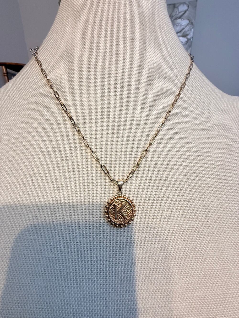 Gold Tone Initial K Medallion Pendant Necklace 18”